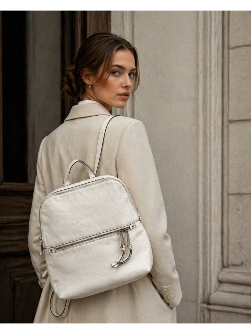 Michael Kors White Leather Backpack Women MK Gold Hardware Medium Travel Work